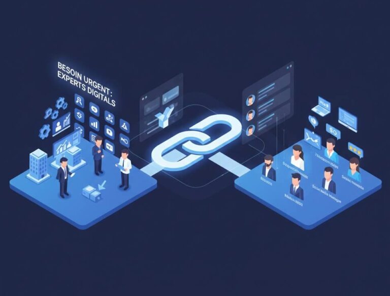 Illustration isométrique 3D symbolisant la mise en relation stratégique entre entreprises et experts digitaux (freelances, agences) via une plateforme spécialisée.