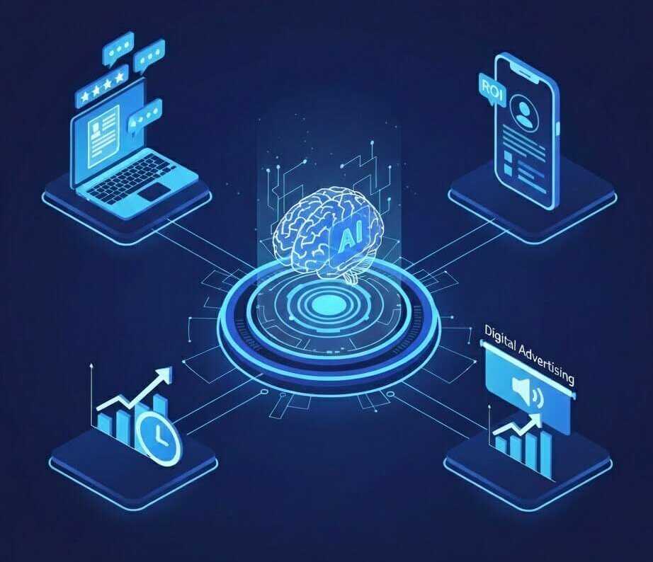 Illustration isométrique 3D de l'impact de l'Intelligence Artificielle sur la communication d'entreprise en 2025 (optimisation et performance).