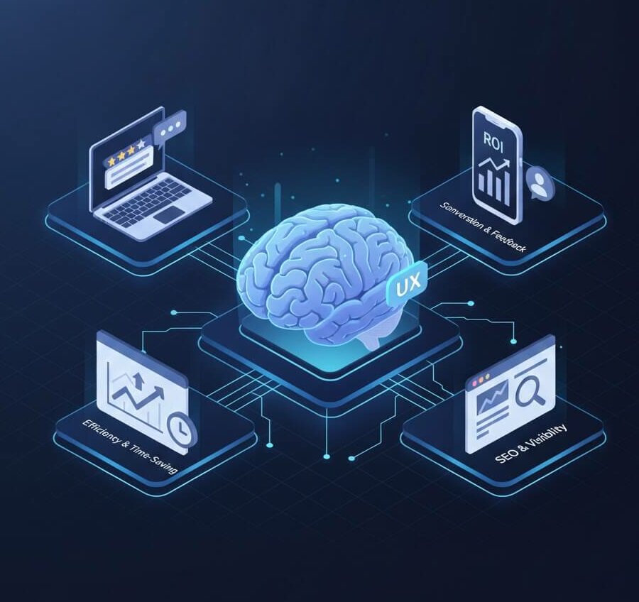 Illustration isométrique 3D YMEO représentant l'UX Design comme pilier central de la performance digitale et de la conversion client.