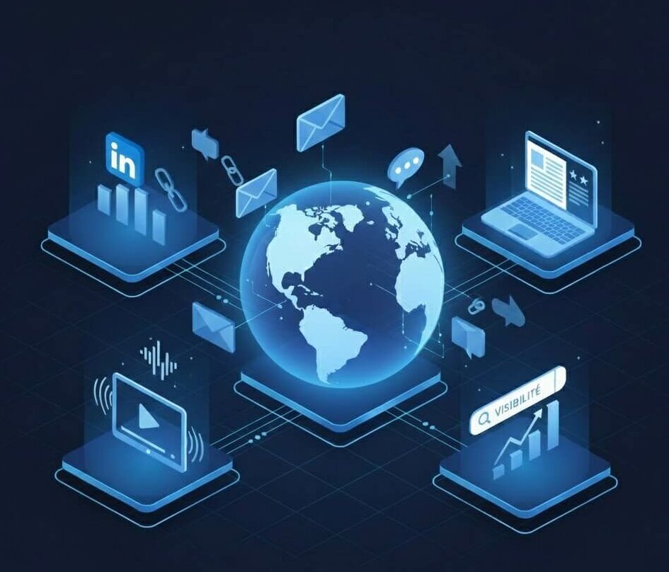 Illustration isométrique 3D YMEO symbolisant l'impact des relations presse digitales sur la visibilité en ligne et l'autorité SEO d'une entreprise.