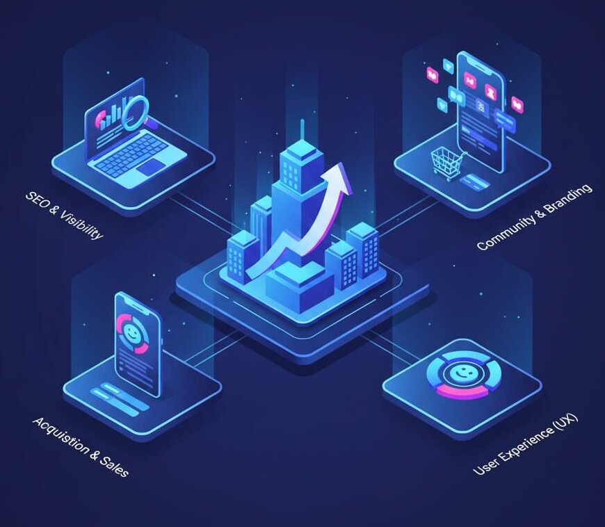 Illustration isométrique 3D YMEO symbolisant la croissance du chiffre d'affaires et le développement business grâce à une stratégie digitale structurée.