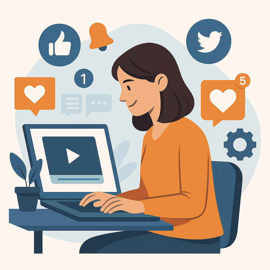 Community manager travaillant sur ordinateur portable entourée d’icônes réseaux sociaux et notifications