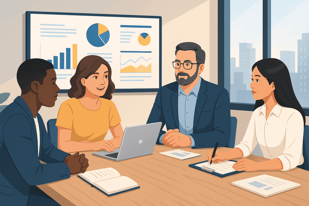 Relation agence client productive avec une équipe de professionnels collaborant autour d’un puzzle symbolisant le partenariat stratégique
