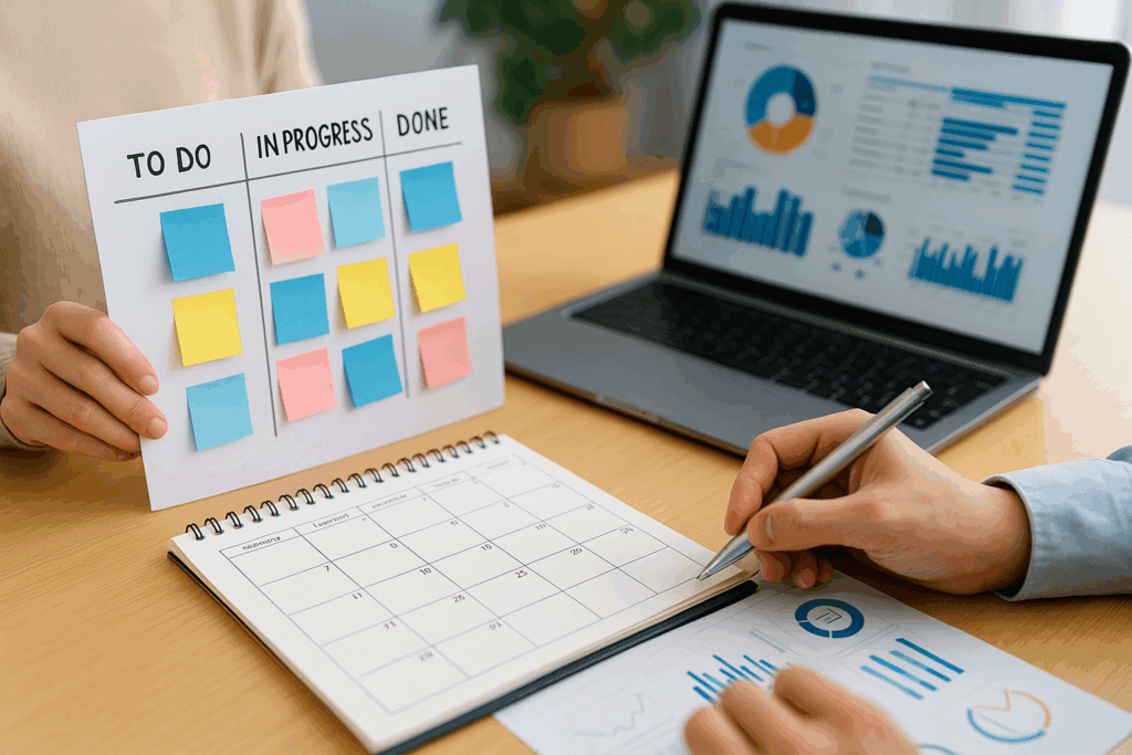 Réunion entre un client et une agence digitale discutant d’objectifs et de stratégies marketing