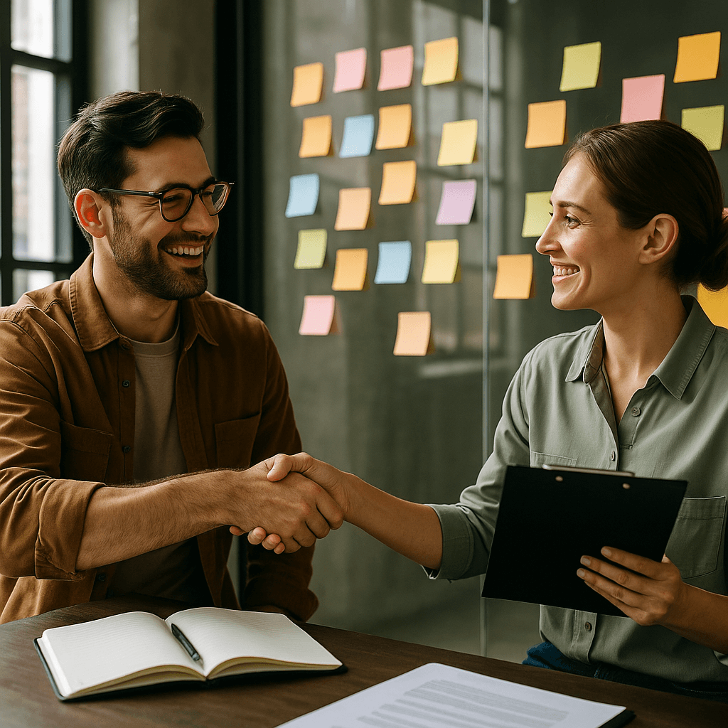 ="Collaboration agence-client autour d’un ordinateur pour bâtir une stratégie digitale performante