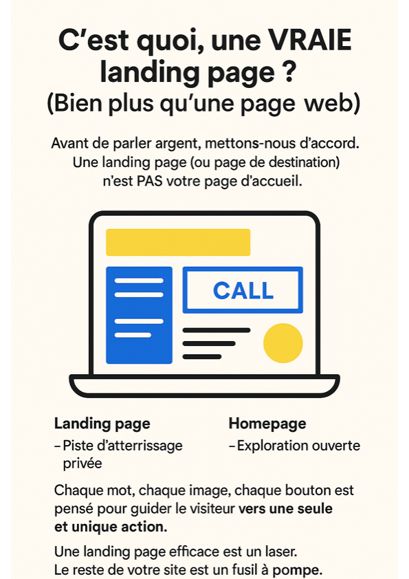 Infographie sur les différentes options de création d’une landing page avec coûts et pièges associés