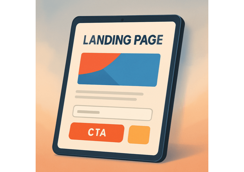 Exemple visuel d’une landing page moderne affichée sur une tablette avec formulaire et bouton d’appel à l’action
