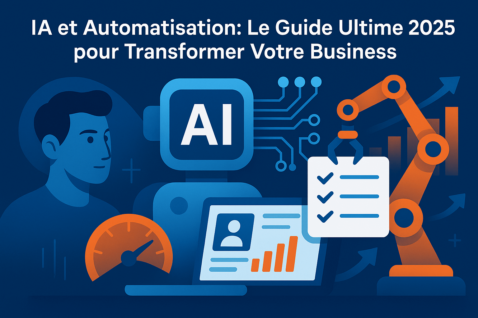 Illustration professionnelle montrant des robots et des humains collaborant dans un bureau moderne avec tableaux de données holographiques, symbolisant l’IA et l’automatisation en 2025