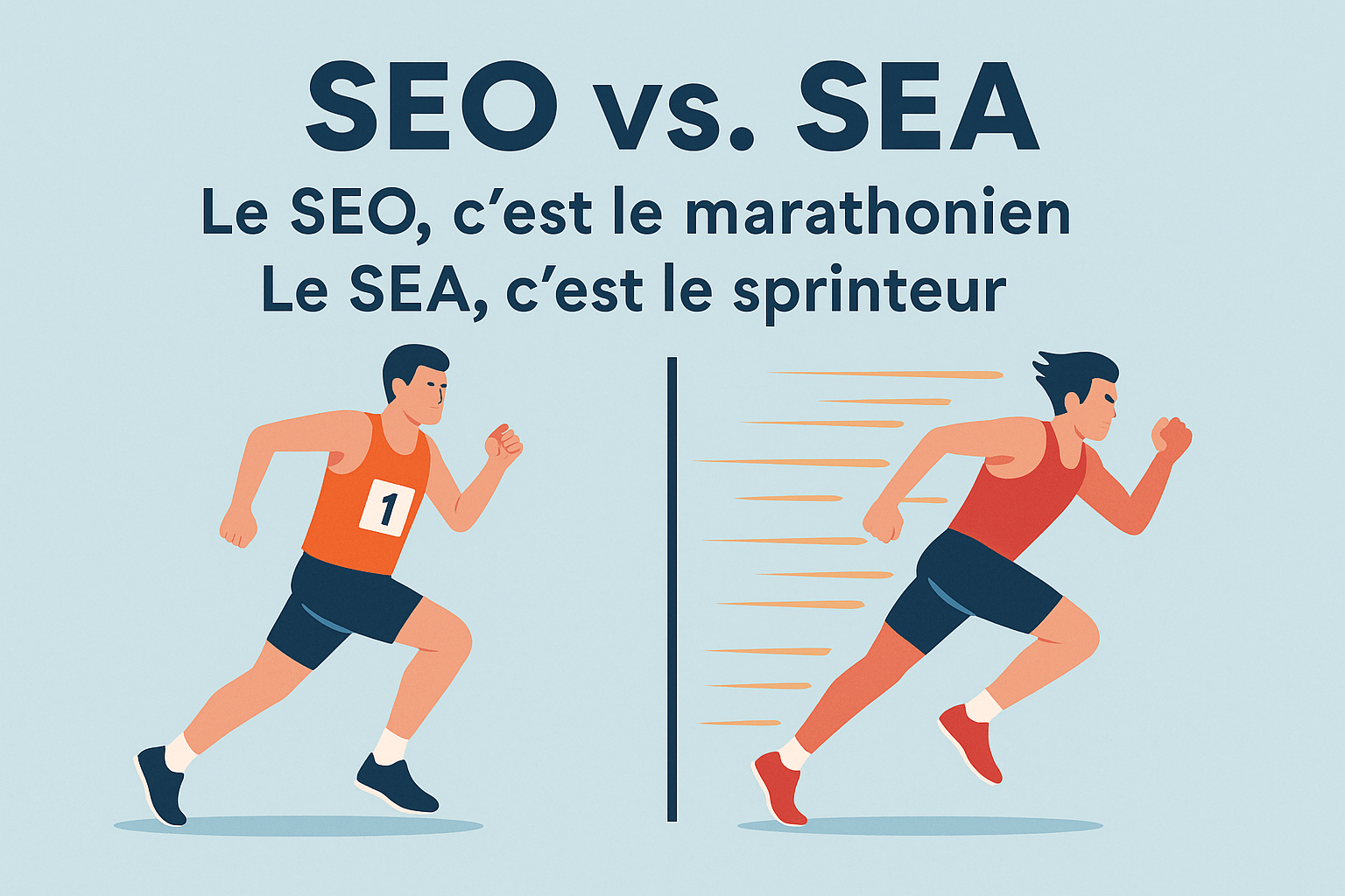 llustration comparant SEO et SEA : un marathonien représentant le référencement naturel sur le long terme et un sprinteur représentant la publicité payante immédiate