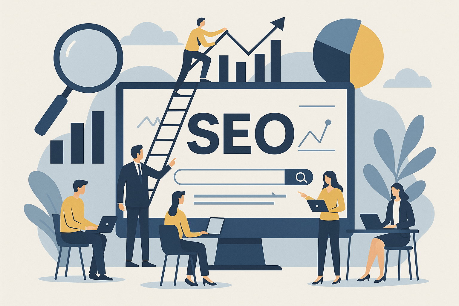 Équipe de professionnels collaborant sur une stratégie SEO avec graphiques et tableau de suivi