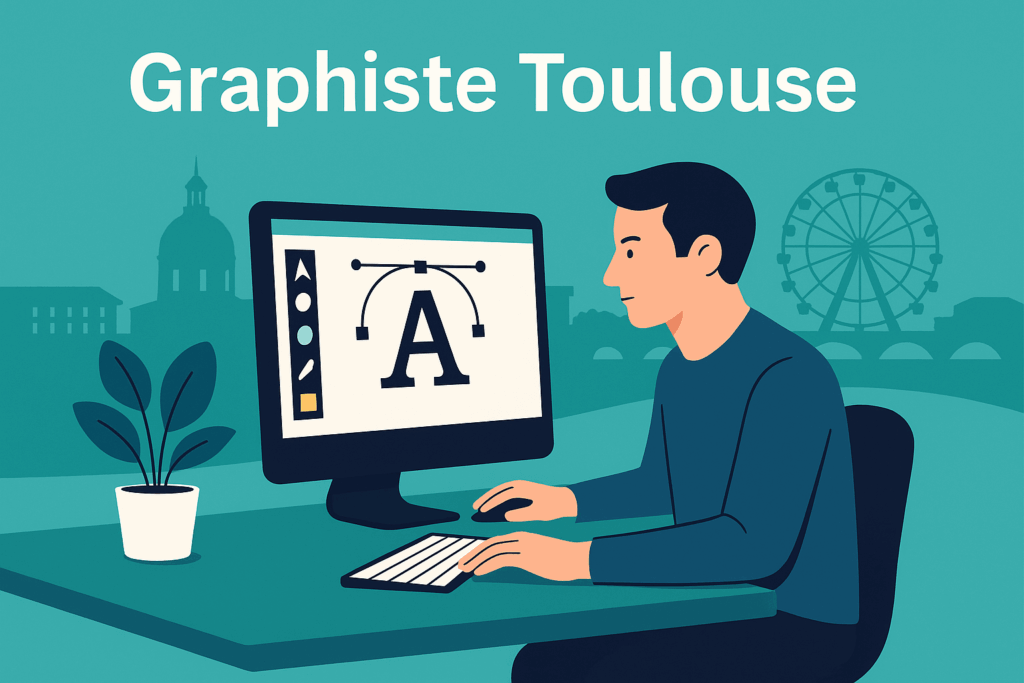 Graphiste Toulouse travaillant sur un logiciel de design avec monuments de Toulouse en arrière-plan