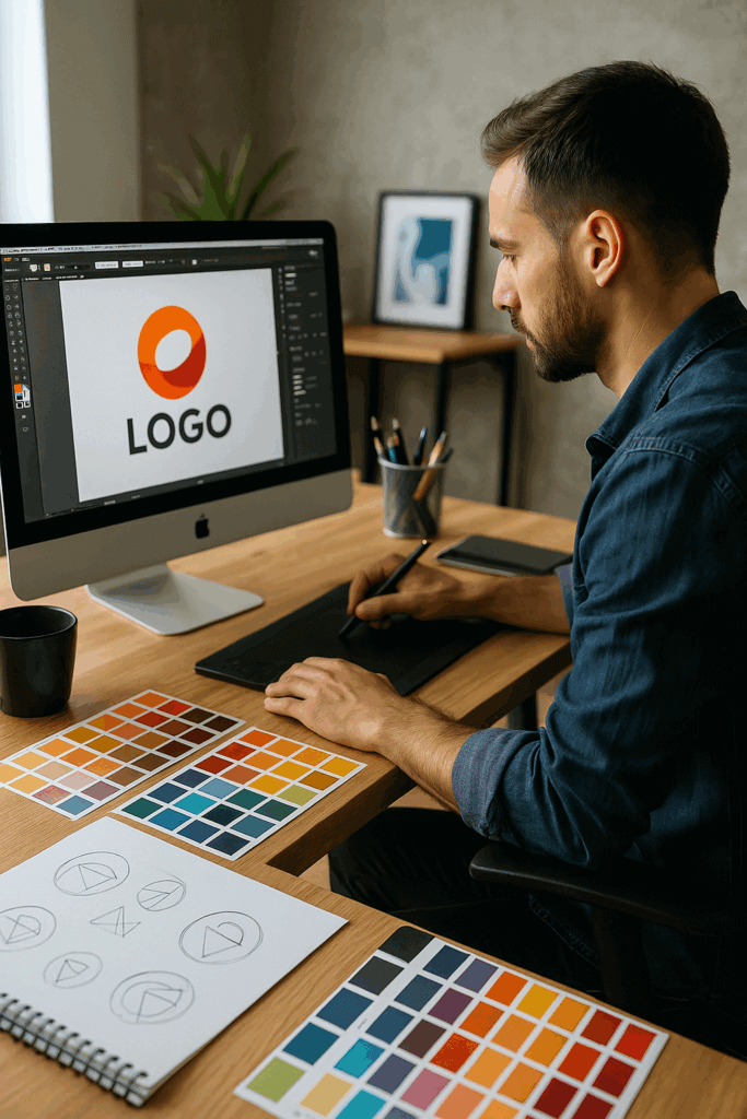 Graphiste à Toulouse créant un logo sur ordinateur avec palettes de couleurs et croquis sur bureau