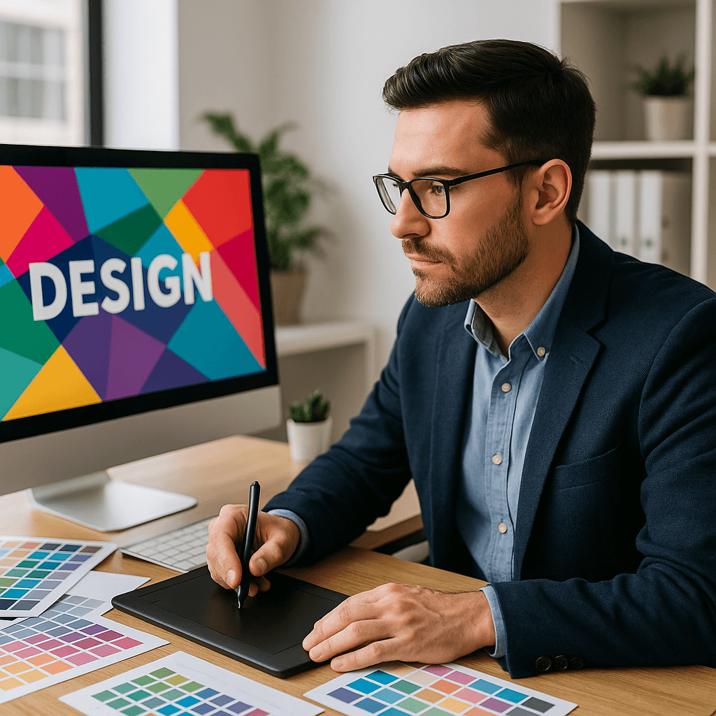 Graphiste professionnel à Toulouse utilisant une tablette graphique pour créer une identité visuelle moderne