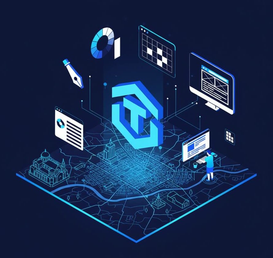 Illustration isométrique 3D montrant la création d'une identité visuelle forte par un graphiste à Toulouse, avec des outils de design numérique et un logo en construction.