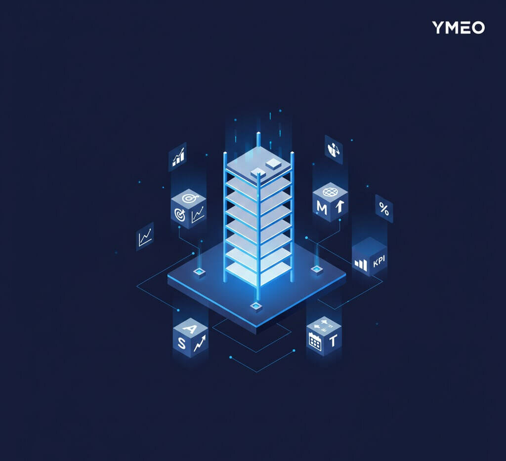 Illustration 3D de la définition d'objectifs SMART et du suivi des KPIs dans une relation agence-client