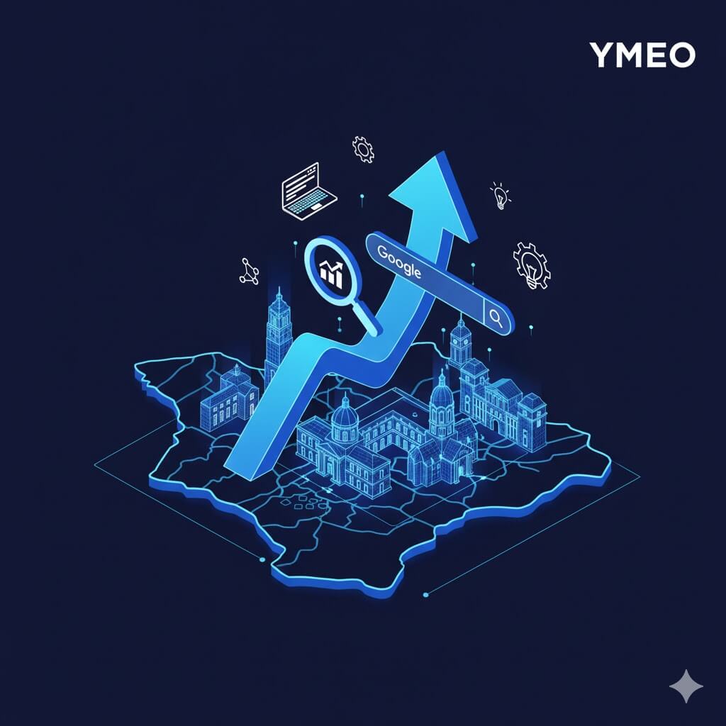 Illustration 3D symbolisant l'amélioration de la visibilité sur Google par une agence SEO à Toulouse, avec analyse de trafic et croissance.