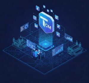 Illustration 3D isométrique de l'analyse de performance et de la gestion des réseaux sociaux par un community manager à Toulouse.