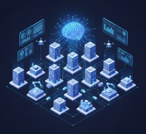 Illustration qui reprend les enjeux de l'IA et de l'automatisation en 2025