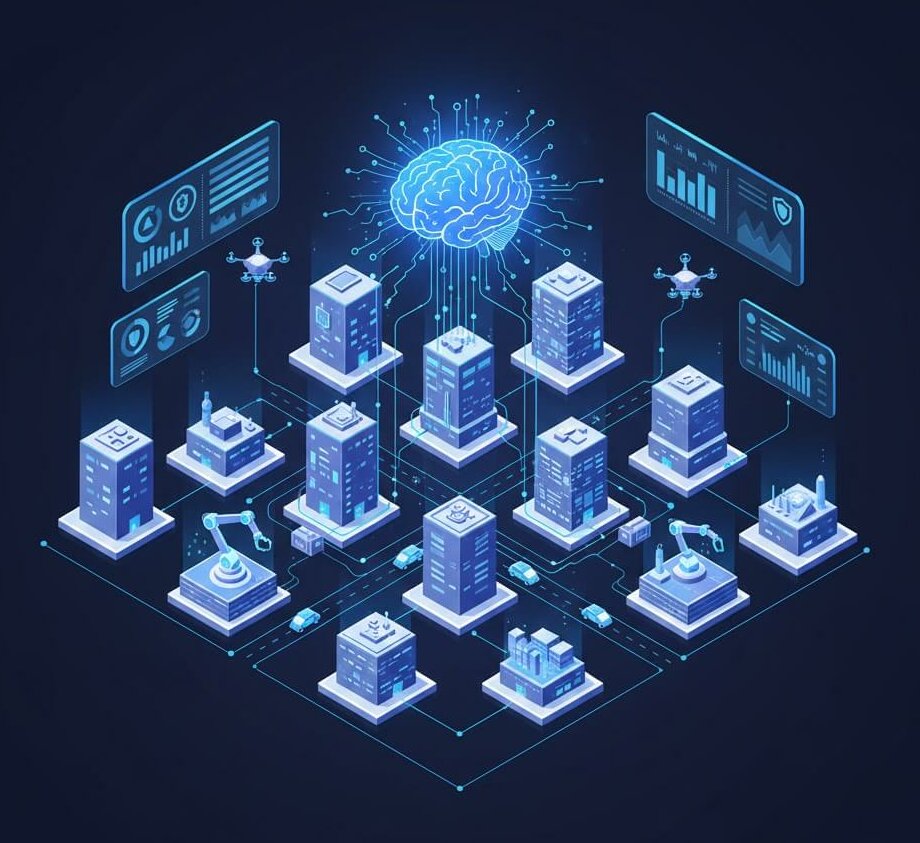Illustration qui reprend les enjeux de l'IA et de l'automatisation en 2025