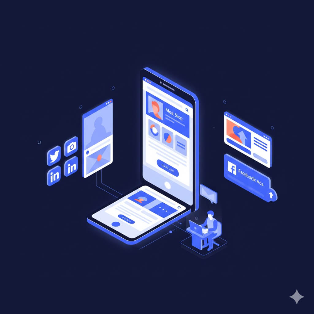 Illustration isométrique 3D de l'impact du graphisme professionnel sur la performance digitale (UX/UI, réseaux sociaux, publicité) à Toulouse.