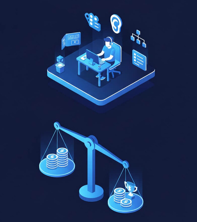 Illustration de l'analyse des critères de choix et des tarifs d'un graphiste professionnel à Toulouse (portfolio, méthodologie, prix).