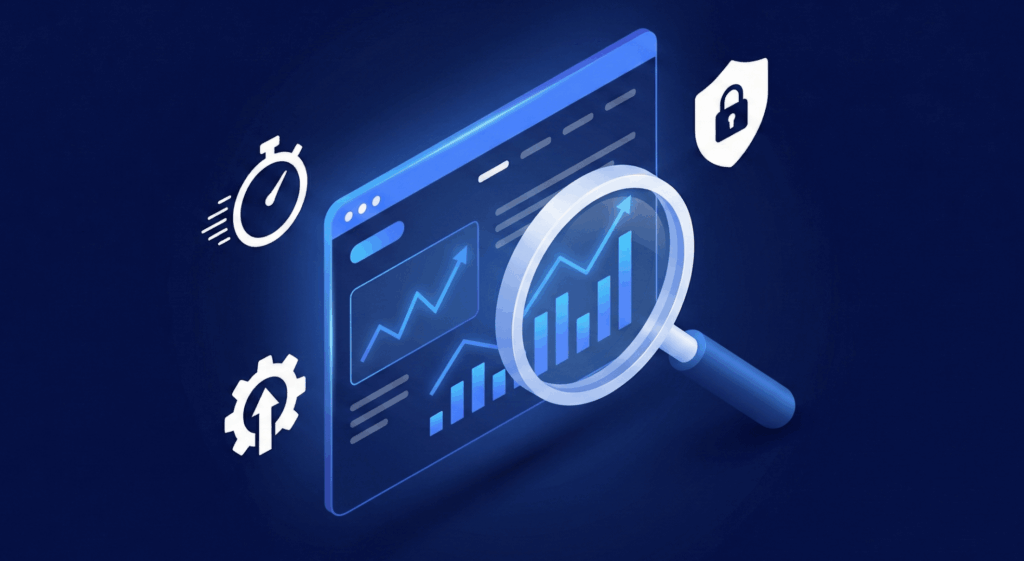 Illustration d’un site internet optimisé avec graphiques, analyses et outils de performance.
