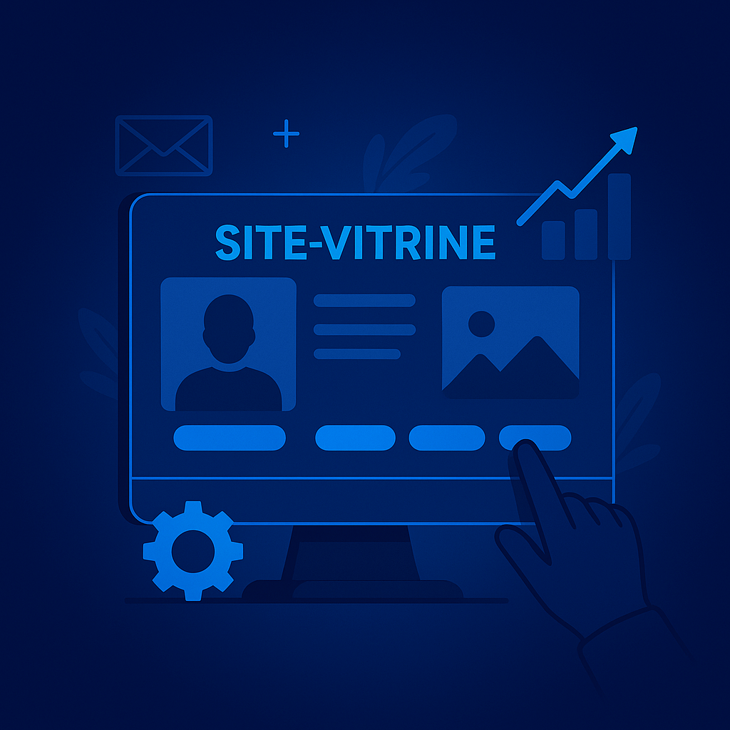 Illustration d’un site vitrine professionnel pour auto-entrepreneur, avec interface web, éléments graphiques et outils digitaux.