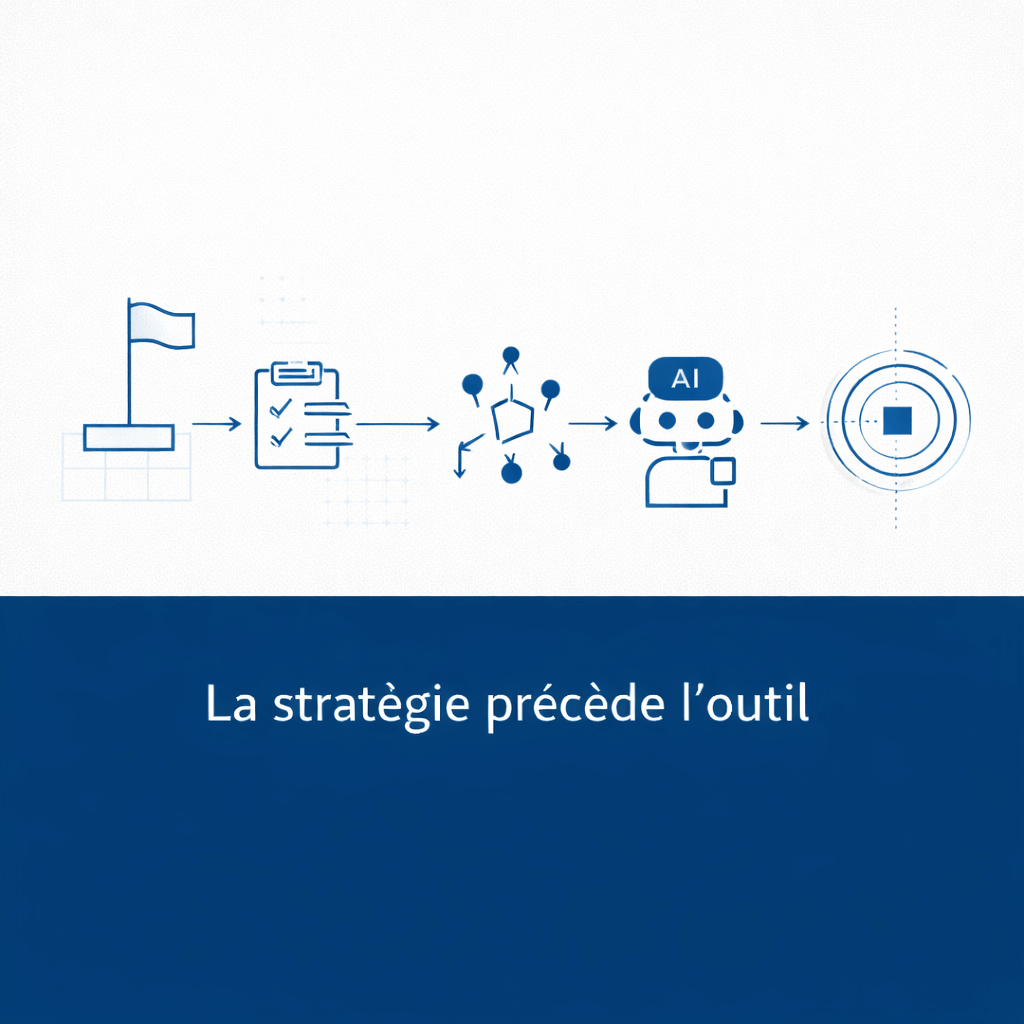 Schéma illustrant les étapes pour intégrer l’IA dans une PME : stratégie, process, outils et déploiement