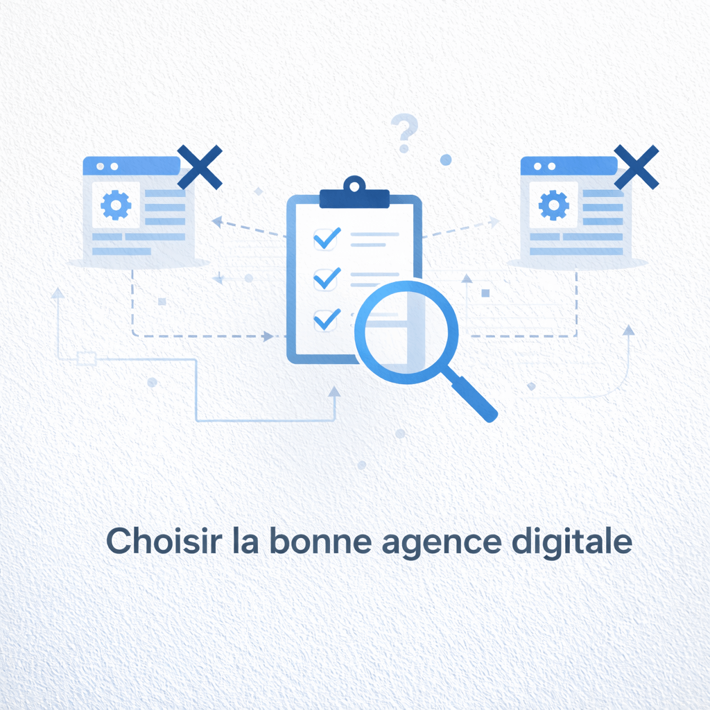 Illustration minimaliste représentant la sélection d’une agence digitale pour accompagner une stratégie numérique